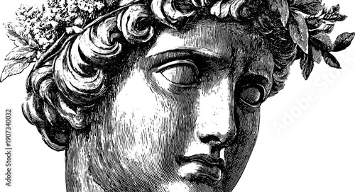 Classical sculpture fragment with botanical elements - vintage engraving for art and design