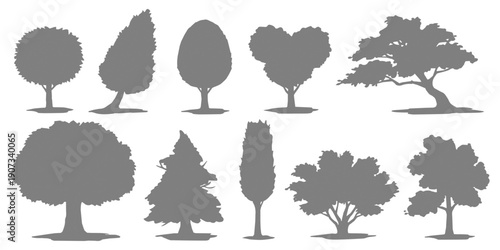 Collection of diverse tree silhouettes in various shapes and sizes, representing nature and seasons, vector illustration