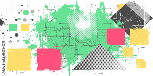 Vibrant abstract geometric splatter background with distressed squares and halftone patterns, modern graphic design element