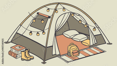 Cozy Glamping Tent Interior with String Lights for Summer Vacation, Camping Adventure, or Relaxing Outdoor Getaway Illustration (148 characters)
