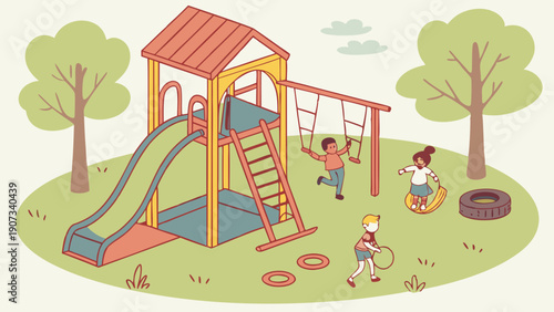 Joyful Children Playing on Colorful Playground Equipment Slides Swings Outdoors for Summer Camp or Daycare Web Design Illustration