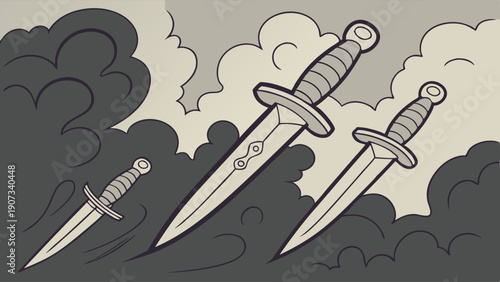 Three Antique Daggers Emerge from Dark Smoke Symbolizing Danger Threat or Fantasy Game Asset Design