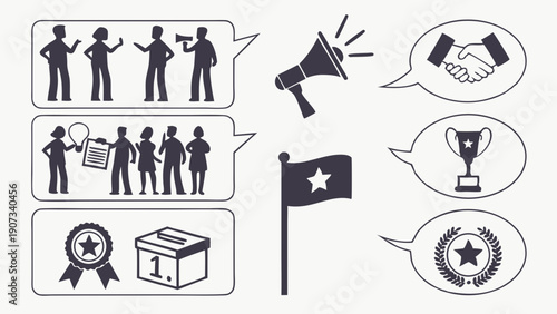 Election Campaign Icons Set People Voting Megaphone Handshake Trophy Award Flag for Political Web Design and Civic Engagement Projects