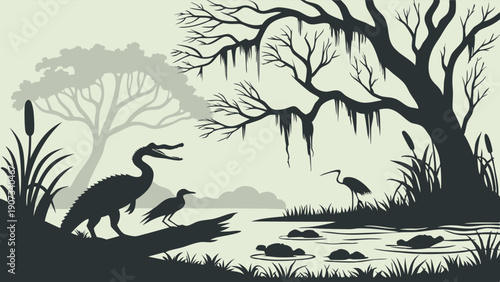 Swamp Wildlife Silhouette Scene with Alligator and Herons for Nature Design Projects and Environmental Themed Websites