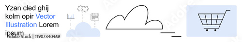 Cloud computing, data analytics, online shopping, digital storage, ecommerce, technology concepts. Visual includes a cloud, graphs and shopping cart icon. Cloud computing and online shopping