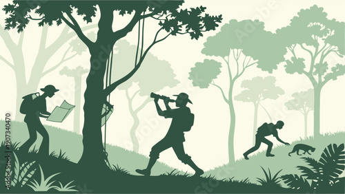 Focused Wildlife Biologists Exploring Dense Jungle Terrain for Scientific Research and Nature Documentary Footage