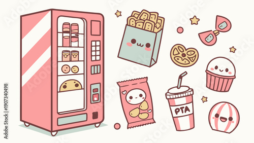 Kawaii Pink Vending Machine Snacks Cute Food Icons for Cafe Menu Design or Youth App Graphics