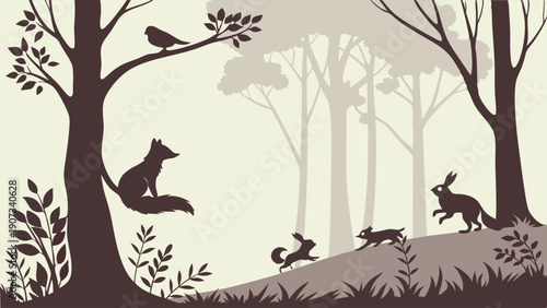 Woodland Silhouette Scene Fox Watching Hares Running Uphill for Nature Education Children's Book Illustration Wildlife Design