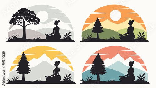 Four Seasons Silhouette Meditation Yoga Figures Outdoors Peaceful Nature Scenes for Wellness App Design or Relaxation Graphics