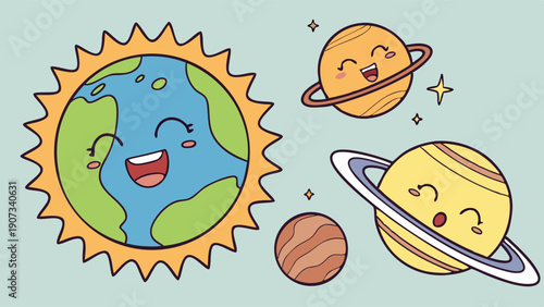Cute Cartoon Solar System Planets and Happy Smiling Sun for Kids Education Science Web Design Background