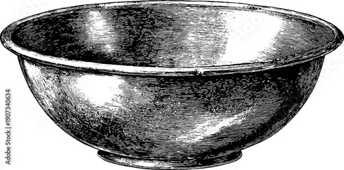 Vintage botanical deep serving bowl in black ink engraving for retro design and decor