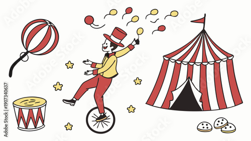 Circus Performer Juggling on Unicycle Near Big Top Tent for Festive Event Promotion and Children Entertainment Design