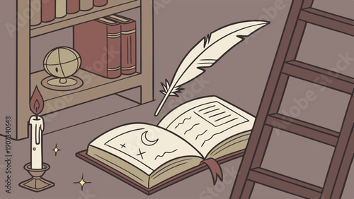 Mystical Old Book and Quill on Floor with Candlelight for Storytelling Writing Education Design Projects