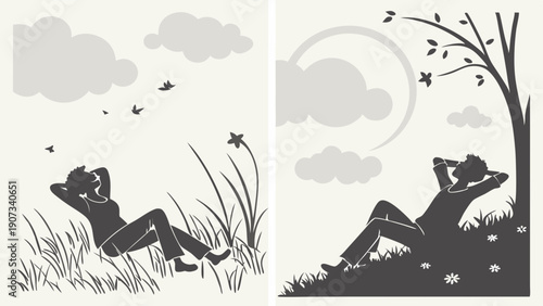 Relaxed People Enjoying Sunny Spring Summer Day Outdoors Lying in Grass Under Tree Shade for Lifestyle Health Vacation Web Design