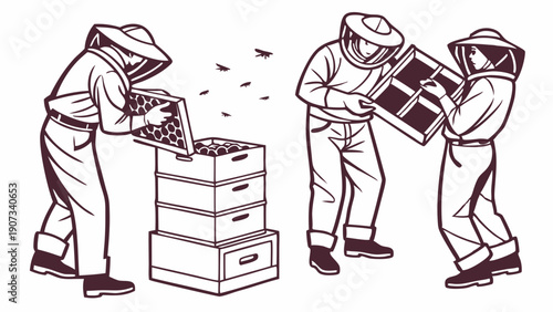 Beekeepers in Protective Suits Inspecting Honeycomb Frames and Beehives for Sustainable Apiary Management and Honey Production
