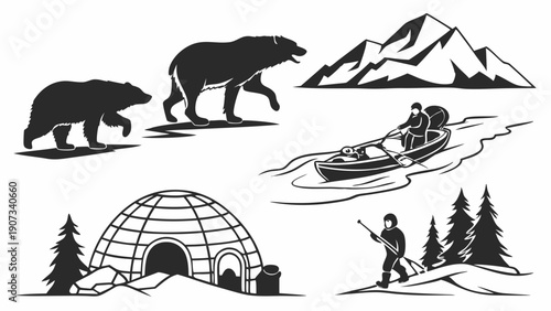 Arctic Wilderness Adventure Icons Polar Bears Igloo Kayaking Hunter for Travel Brochures Web Design Winter Themes