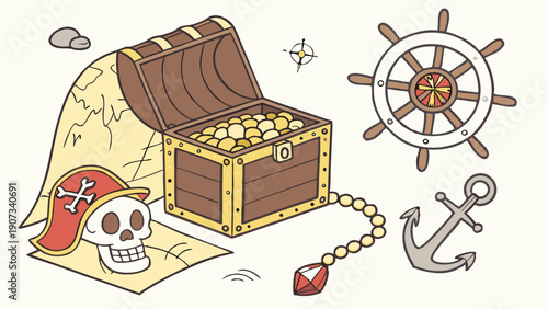 Pirate Treasure Chest Map Skull Anchor Ship Wheel for Adventure Game Design or Holiday Promotion