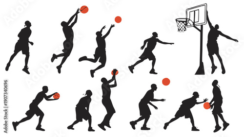 Dynamic Basketball Player Silhouettes Performing Jumpshots Layups Dribbling for Sports Websites Training Guides Fitness Promotion