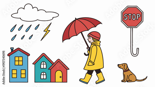 Child in Raincoat with Umbrella Walking Past Houses During Storm Weather for Safety Education or Seasonal Illustration