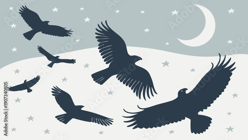 Soaring Eagle Silhouettes Against Night Sky with Moon and Stars Majestic Freedom Flight Symbol for Adventure Travel or Spiritual Journey