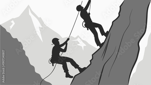 Silhouette of Climbers Ascending Steep Rock Face with Safety Ropes for Adventure Sports Web Design and Outdoor Challenge Motivation