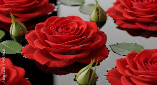 Wallpaper Mural A serene close-up shot captures vibrant red roses and delicate green buds gently floating on a dark, reflective water surface. Torontodigital.ca