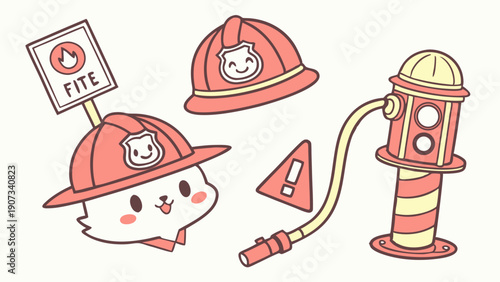 Cute Firefighter Cat Icons for Kids Safety Education Fire Rescue Web Design Graphics
