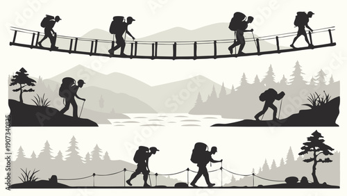 Backpacking Hikers Silhouettes Crossing Rope Bridge and Trekking Through Mountain Landscape for Adventure Travel Web Design