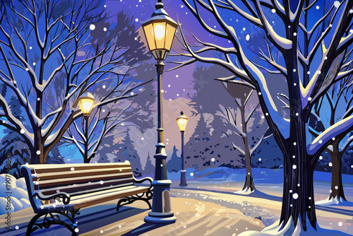 Snow falling gently on street lamp and park bench at winter dusk serene quiet atmosphere soft glowing light peaceful snowfall seamless loop animation background.