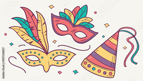 Vibrant Carnival Masks and Party Hat Illustration for Festive Celebration Invitations Website Banners
