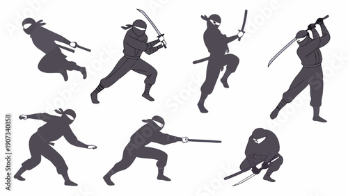 Dynamic Ninja Warrior Silhouettes Performing Martial Arts Combat Poses for Action Game Design and Fitness Promotion