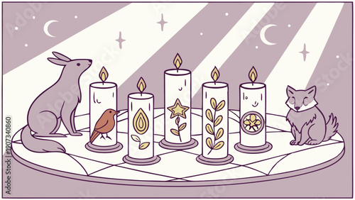 Mystical Pagan Ritual with Five Candles Animals and Celestial Symbols for Witchcraft and Spiritual Occult Design Projects