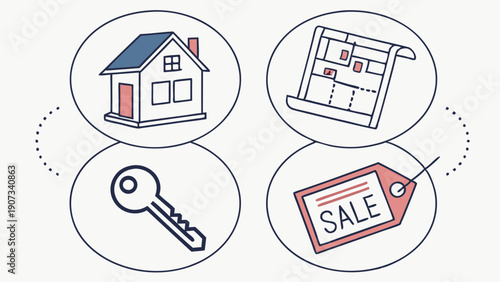 Real Estate Transaction Icons House Blueprint Key Sale Tag for Property Investment and Buying Web Design