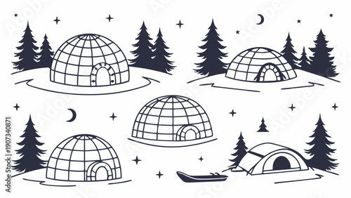 Arctic Igloo Dwellings and Camping Tent Illustration for Winter Travel Brochures Outdoor Adventure Web Design