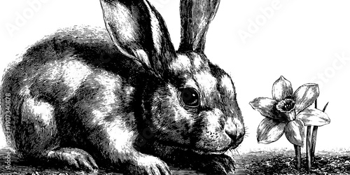 Spring allegory with rabbit and daffodil in vintage botanical style