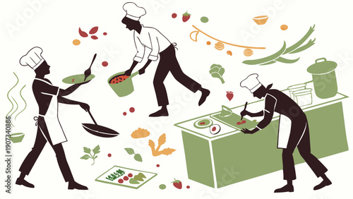 Chefs Cooking Busy Kitchen Preparation Dynamic Food Service Illustration for Restaurant Menus and Culinary Websites