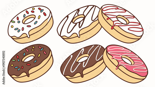Delicious Assorted Glazed Donuts with Sprinkles for Bakery Cafe Website Design Sweet Treat Illustration