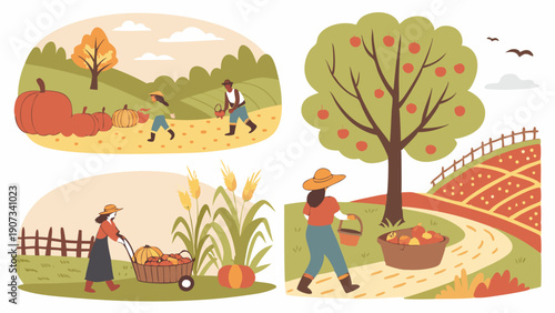 Autumn Harvest Scene: Farmers Picking Pumpkins Apples Corn for Seasonal Food Agriculture Web Design and Brochures