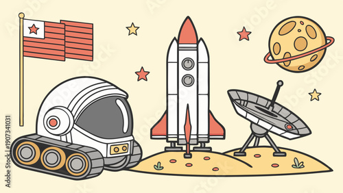 Space Exploration Mission Landing Site with Rocket Astronaut Rover Flag for Science Education Web Design Projects