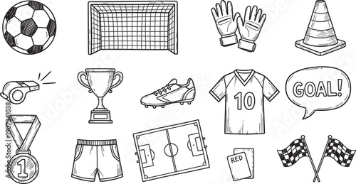 Collection of hand-drawn soccer and football sport equipment icons in doodle style isolated on a white background
