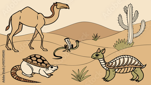 Desert Wildlife Illustration Camel Tortoise Lizard Cactus for Ecology Education Website Design