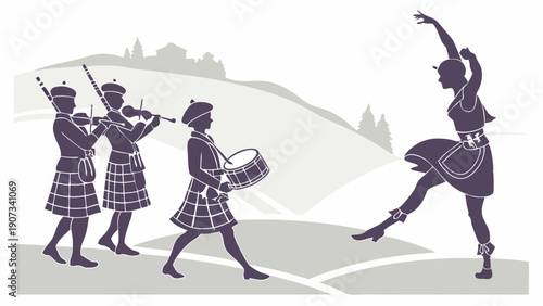 Scottish Highland Dance Performance with Bagpipe Band for Cultural Festival or Travel Promotion Design