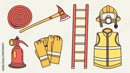 Firefighter Equipment Set for Safety Training Rescue Operations Web Design Icons for Emergency Services Promotion