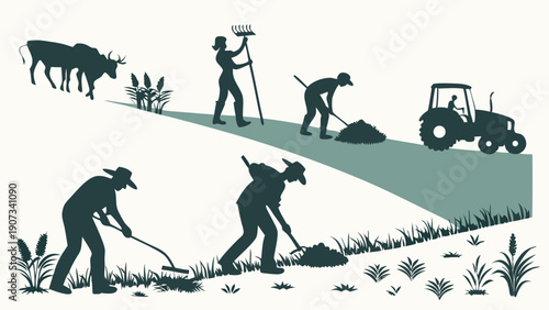 Farming Evolution Progression Showing Manual Labor to Modern Tractor Agriculture for Rural Development and Sustainability Projects