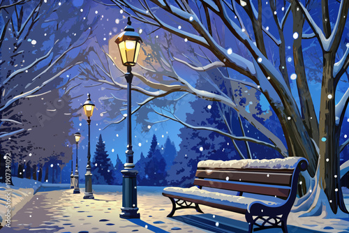 Snow falling gently on street lamp and park bench at winter dusk serene quiet atmosphere soft glowing light peaceful snowfall seamless loop animation background.