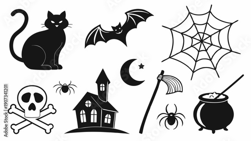 Spooky Halloween Black Silhouette Icons Set for Holiday Party Flyers Decorations Web Design Spooky Fun