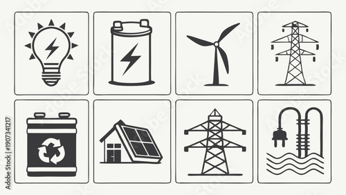 Renewable Energy Icons Set Solar Wind Hydro Power Battery Electricity Grid for Sustainable Technology Web Design Projects