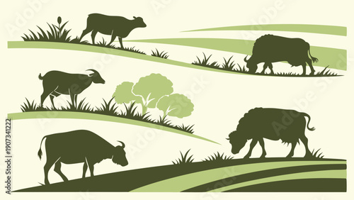 Rustic Green Silhouette Set of Water Buffalo and Cattle Grazing on Rolling Pasture Hills for Agriculture Design