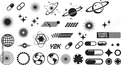 Retro Y2K Aesthetic Vector Graphics of Planets, Stars, Pills, and Earth Icons