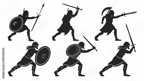 Ancient Warrior Silhouettes Charging with Swords Shields Spears Epic Battle Action for Gaming History Design Projects